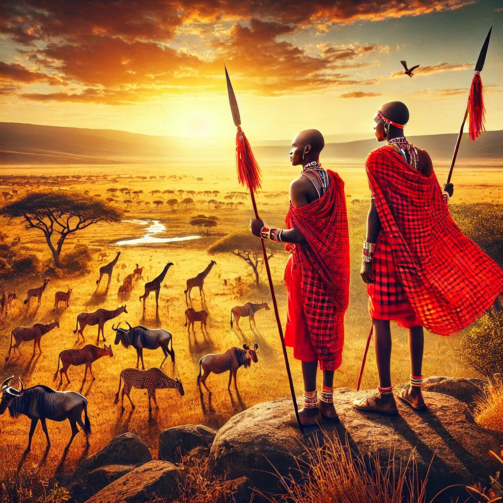 Two Masai warriors holding spears, dressed in traditional red attire, overlooking a vast savannah teeming with wildlife, including giraffes, wildebeest, and antelopes, during a stunning sunset.