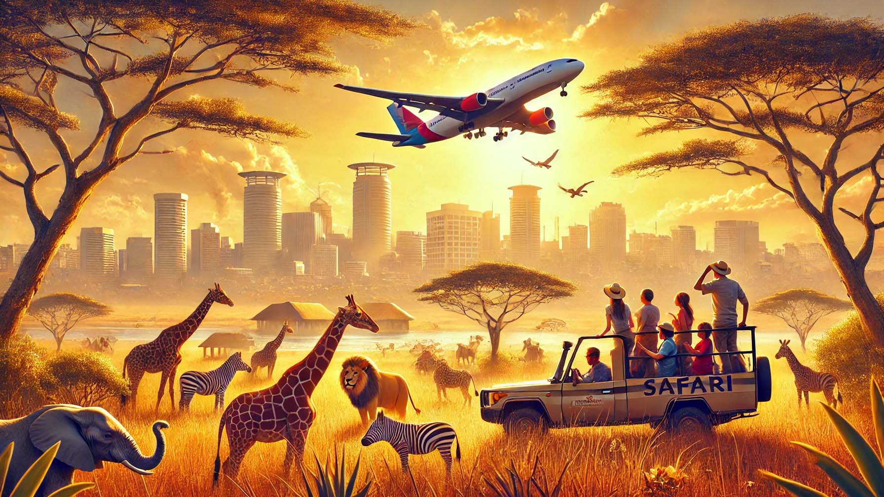A vibrant scene of an African safari at sunset, with tourists in an open-top vehicle observing wildlife, including giraffes, zebras, an elephant, and a lion. A modern city skyline stands in the background, and an airplane flies overhead.