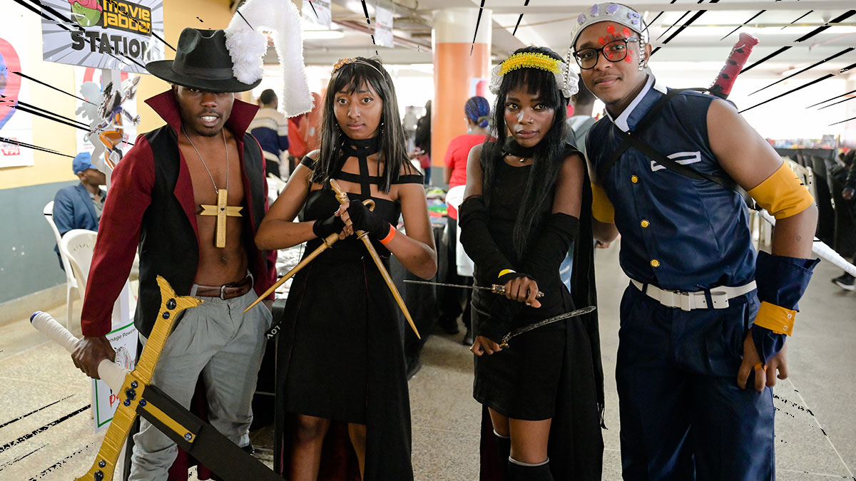 A group of cosplayers dressed as anime and manga characters, posing together at Otamatsuri.