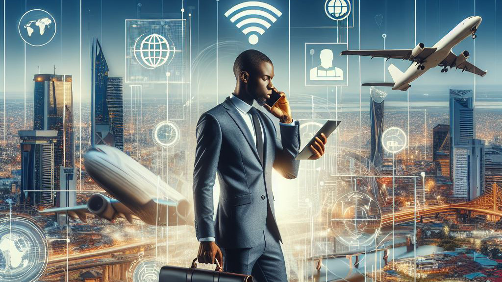 Businessman with tablet and suitcase in digital African city.