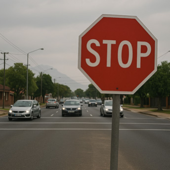 A stop sign in front of a busy road with cars passing through, showing traffic flow without working traffic lights.