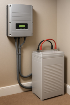 A wall-mounted inverter connected to a large backup battery, used for electricity supply during power outages.