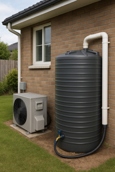 A black water storage tank installed next to a house, connected to pipes for backup water supply.