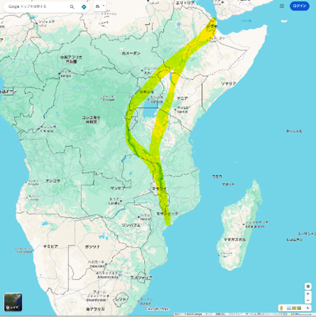 アフリカ東部の地図。紅海からエチオピア、ケニアを経てモザンビークまで続く大地溝帯の範囲が黄色で示されている。