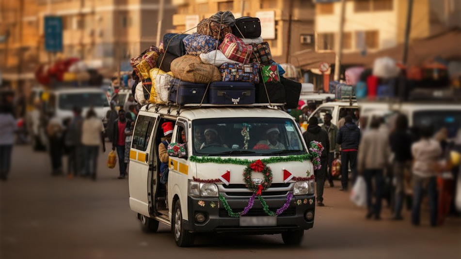 Public minibus decorated for Christmas, heavily loaded with luggage as people travel upcountry in Kenya during the holiday season.