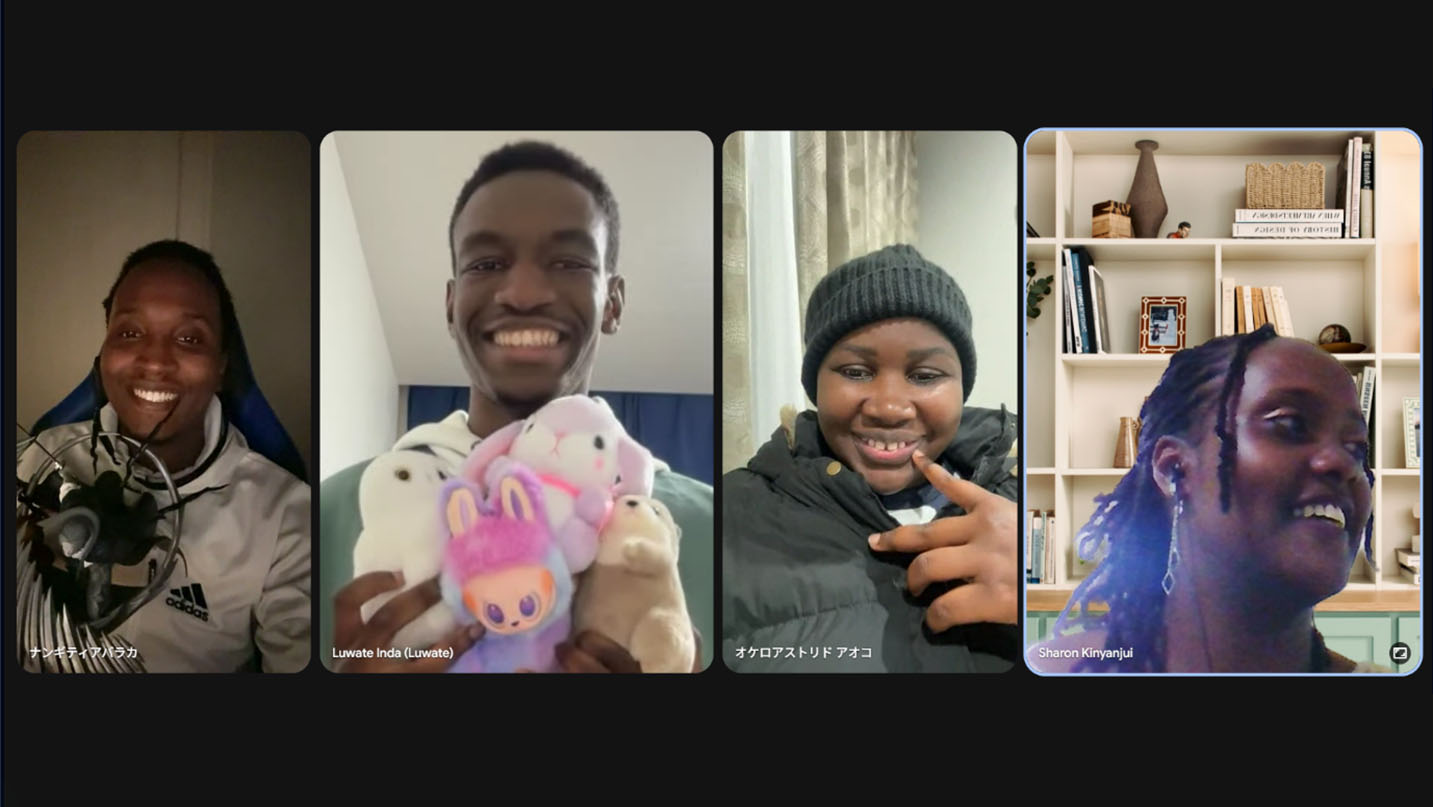Screenshot of an online video call showing four Kenyan participants smiling on screen, including one holding plush toys, during a discussion about their work experience in Japan.