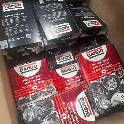 Bando rib ace belts packed in branded boxes, prepared for local distribution from inventory held in Kenya.