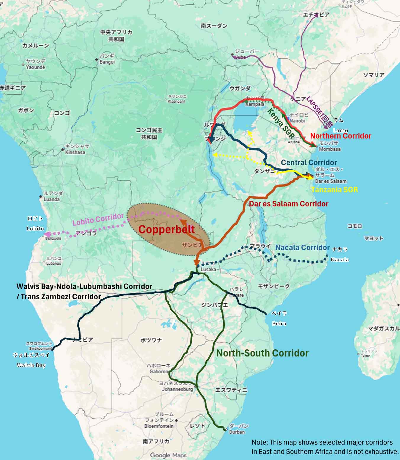 Map highlighting major logistics corridors in East and Southern Africa, including the Northern Corridor, Central Corridor, Dar es Salaam Corridor, Nacala Corridor, Lobito Corridor, and North-South Corridor.