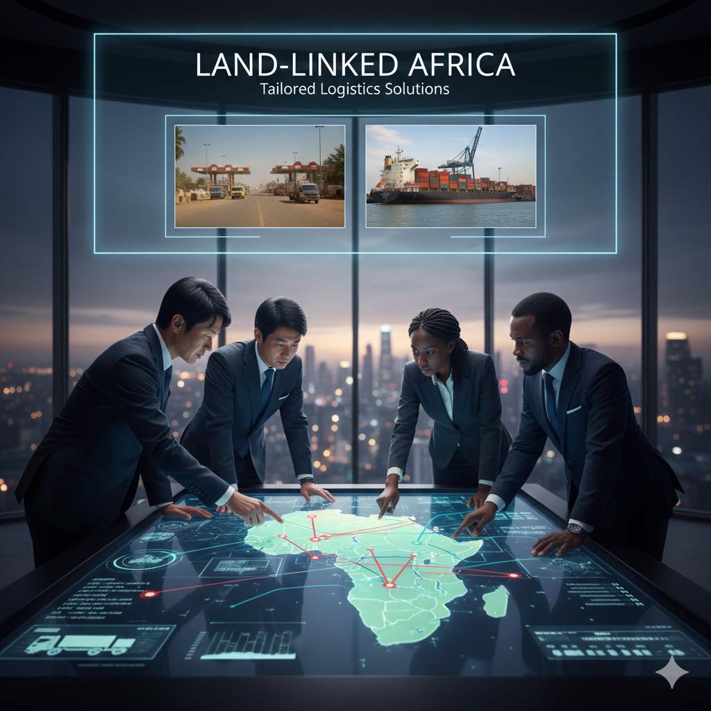 Business professionals analyzing a digital map of Africa under the theme “Land-Linked Africa,” illustrating strategic logistics planning and cross-border corridor connectivity.
