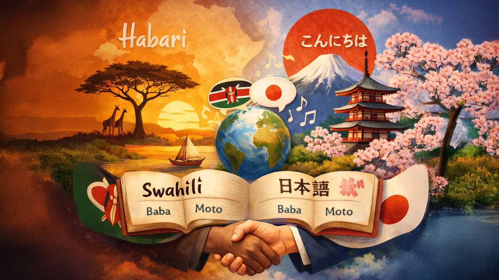 Illustration showing cultural connection between Swahili and Japanese with a Kenyan savanna landscape, Mount Fuji, cherry blossoms, a globe, and an open book comparing Swahili and Japanese words.