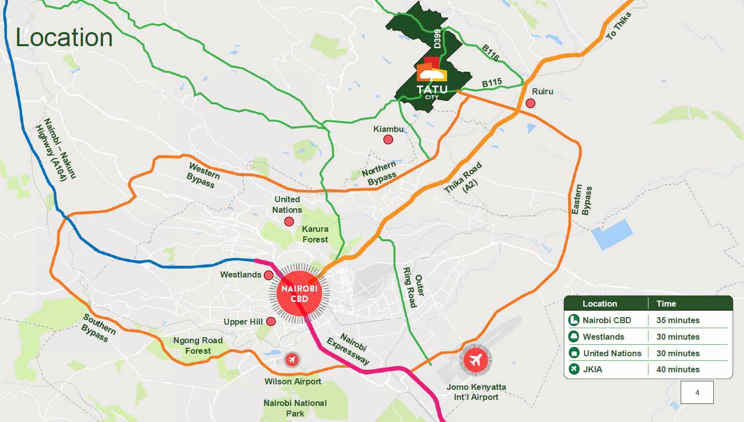 Map showing the location of Tatu City and its connectivity to Nairobi CBD, major roads, and Jomo Kenyatta International Airport