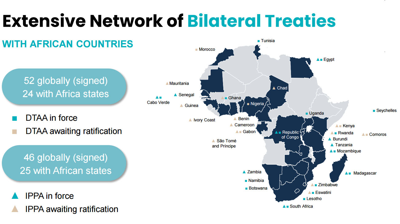 Map of Africa showing Mauritius’ extensive network of bilateral treaties, including DTAA and IPPA agreements across African countries.