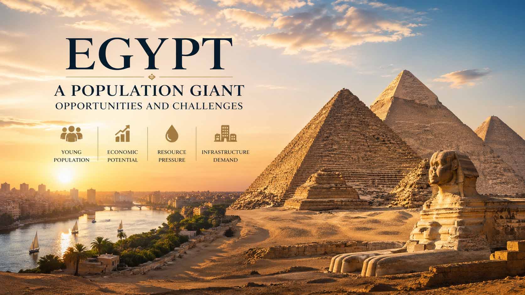 Sunset view of the Pyramids of Giza and the Sphinx overlooking the Nile River and Cairo skyline, illustrating Egypt’s historical heritage and modern population concentration.