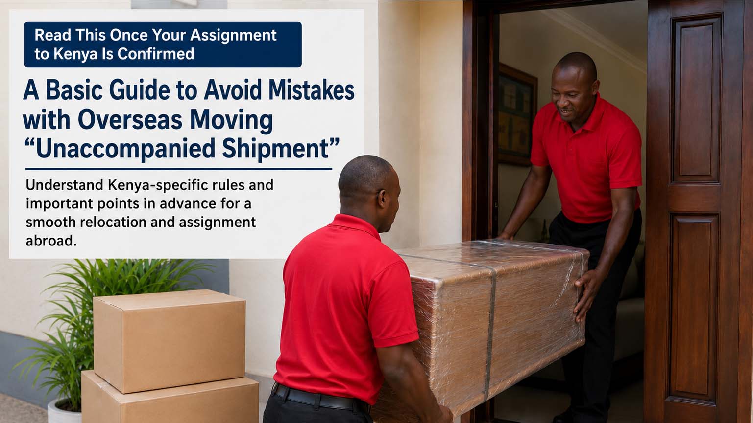 Moving staff carrying unaccompanied shipment boxes into a residence in Kenya during an overseas relocation support service.