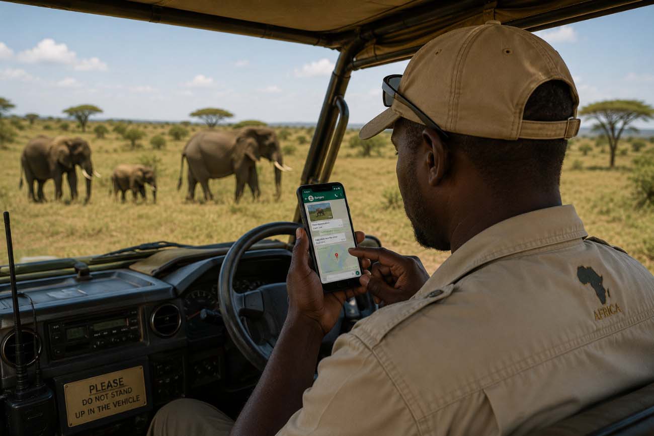 Safari guide in Kenya using WhatsApp on a smartphone inside a safari vehicle while observing elephants in the savannah, illustrating the spread of mobile communication technology even in remote wildlife areas.