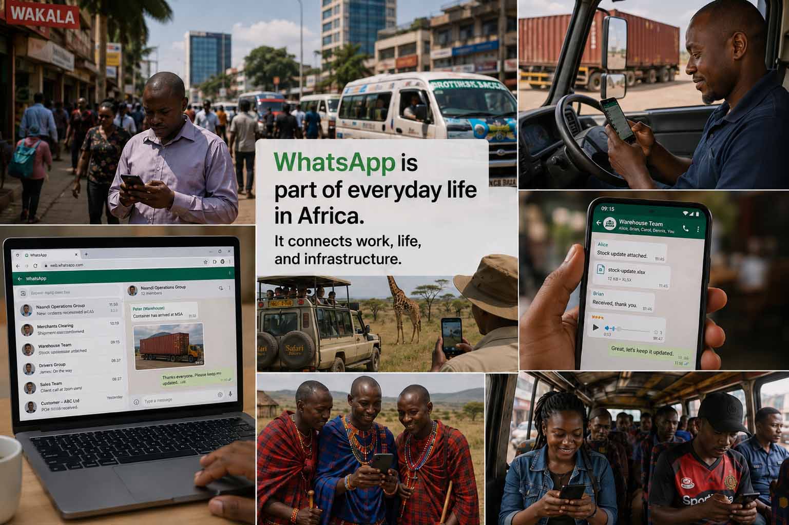 Collage showing how WhatsApp is integrated into everyday life and business operations in Africa, including logistics communication, smartphone-based coordination, safari tourism, public transportation, and daily urban life in Kenya.