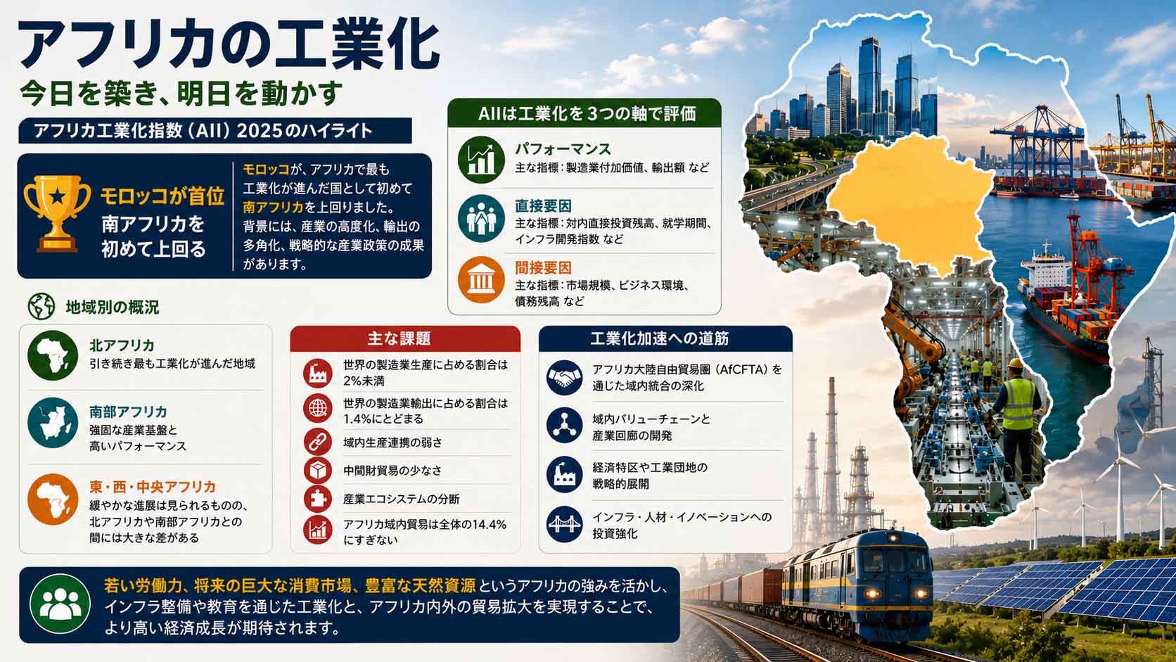 アフリカ工業化指数（AII）2025を紹介する日本語のインフォグラフィック。モロッコの首位獲得を中心に、都市、港湾、工場、物流インフラで構成されたアフリカ大陸のイメージとともに、工業化の指標、課題、成長機会を示している。