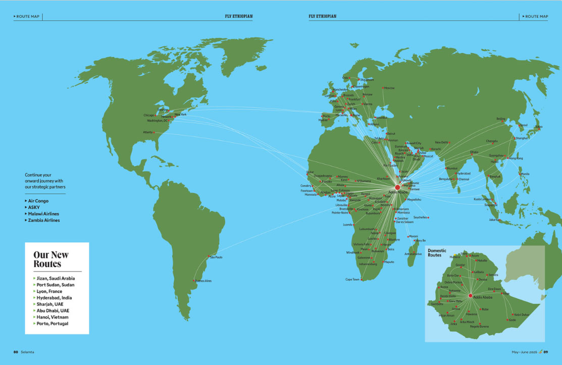 Ethiopian Airlines route map showing its global network centered on Addis Ababa, with extensive connections across Africa and beyond.