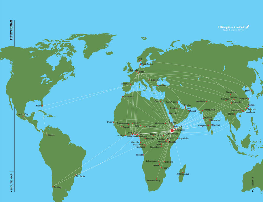 Ethiopian Cargo and Logistics Services route map showing international cargo connections from Addis Ababa to Africa, Asia, Europe, and the Americas.