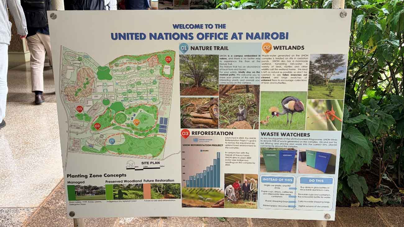 Information board at the United Nations Office in Nairobi showing the campus map and environmental initiatives, including wetlands, reforestation, and waste management.