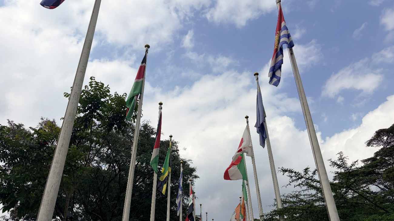 National flags flying beneath a partly cloudy sky at the United Nations Office in Nairobi.