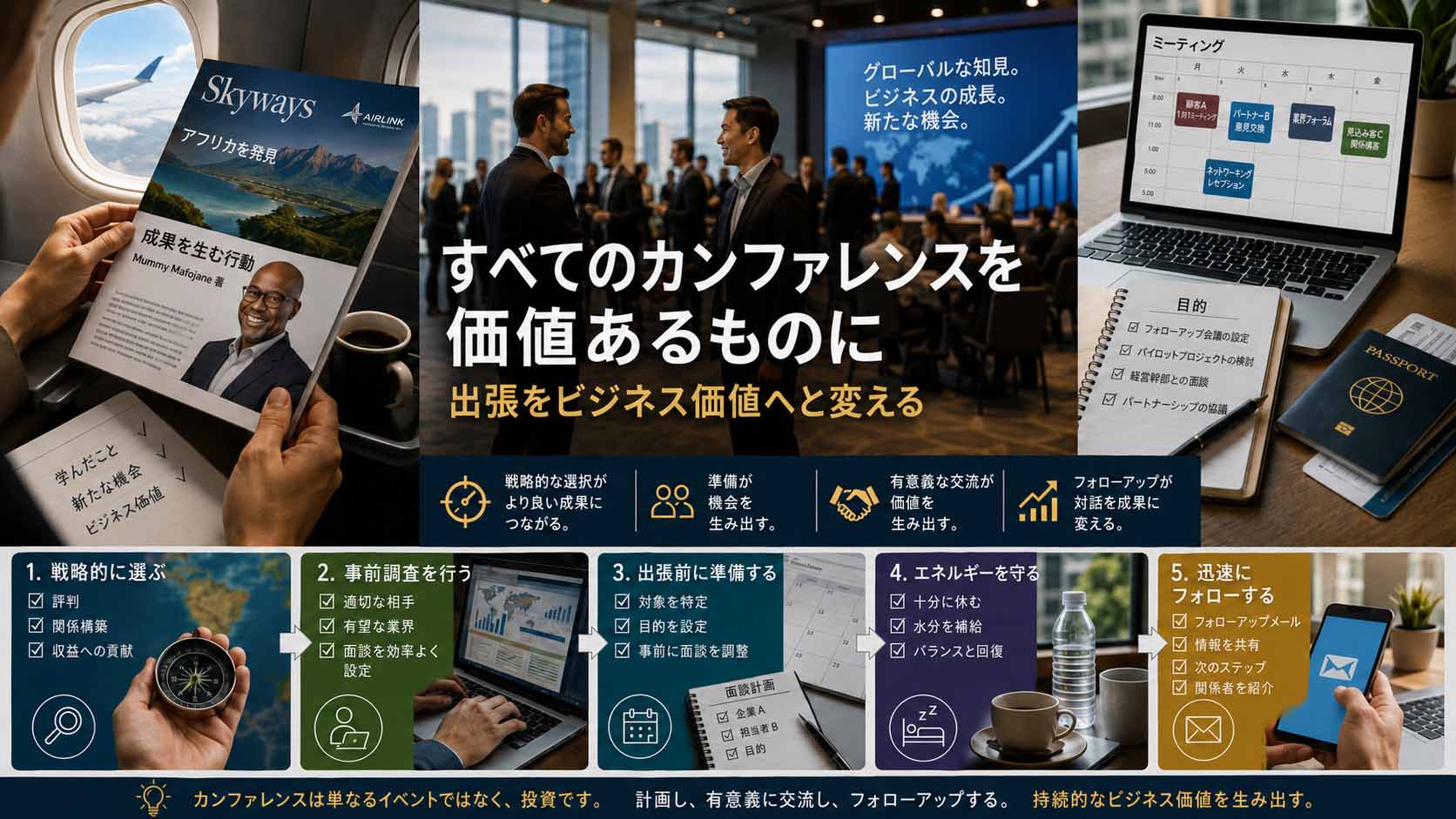戦略的なイベント選び、事前準備、目的を持った交流、体調管理、迅速なフォローアップによって、カンファレンスや出張をビジネス価値へとつなげる流れを示したインフォグラフィック。