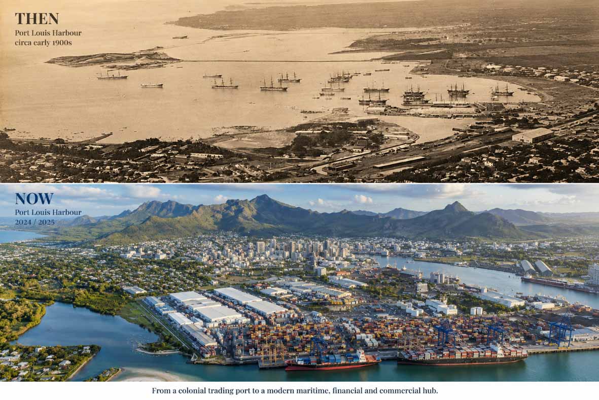 1900年代初頭と現在のポートルイス港。近代的な海運・商業拠点へと発展したモーリシャスの変化を示す。