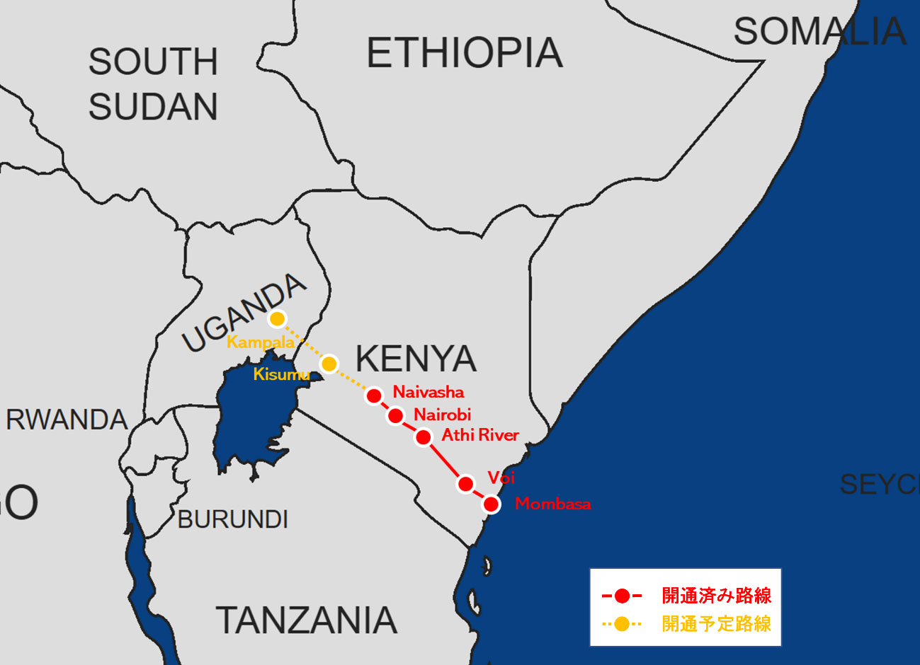 ケニアの標準軌鉄道（SGR）路線図。モンバサからナイロビ、ナイバシャまでの開通済み区間と、キスムおよびウガンダ方面への延伸計画を示している。