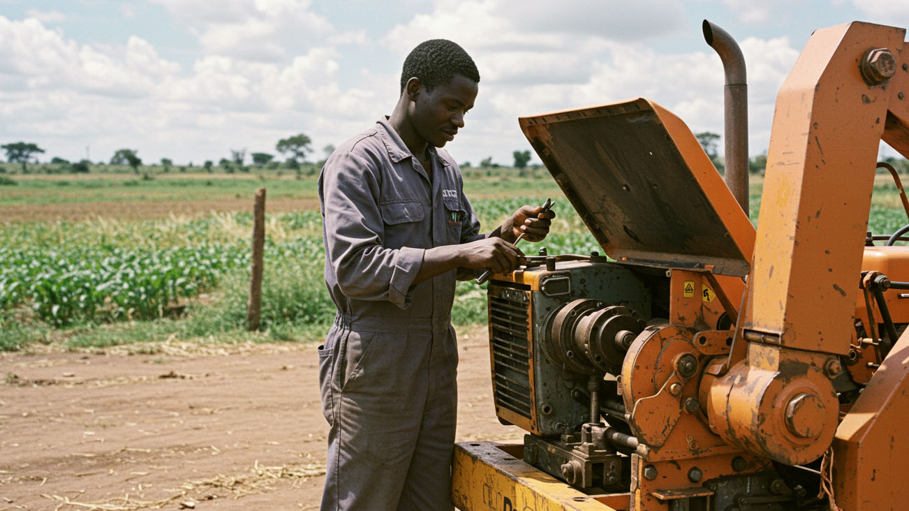 畑で農業機械を修理する整備士。