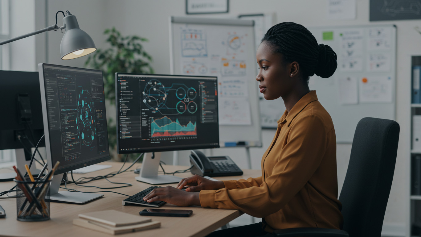 Woman analyzing data on dual monitors in a modern office.